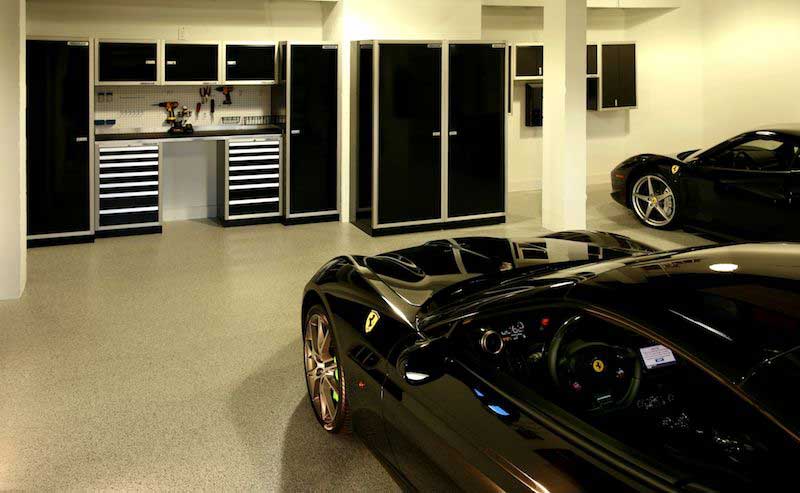 Customized, matching garage storage that leaves room to park multiple Ferraris.